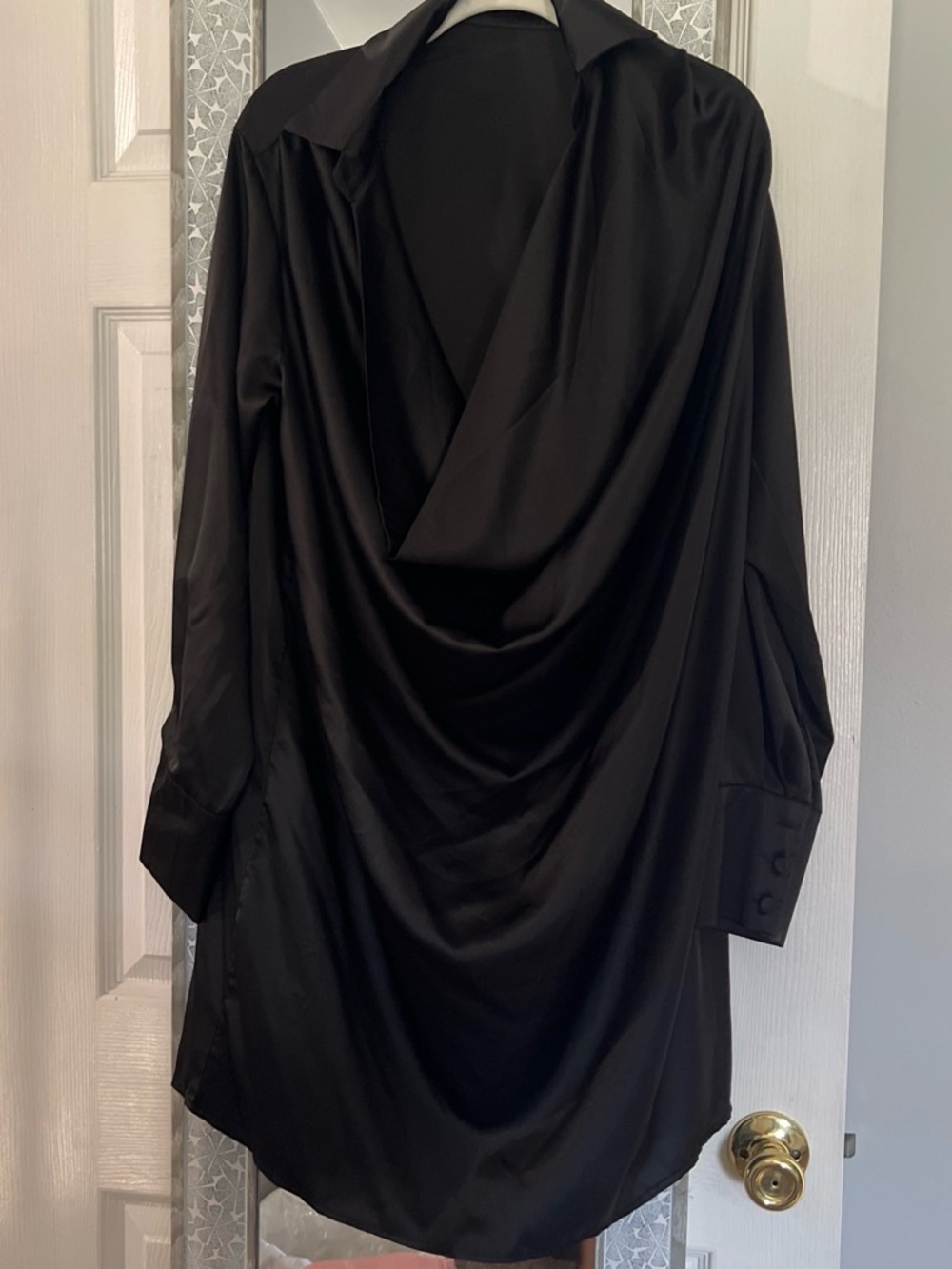 Black Long-Sleeve Draped Satin Women's Dress